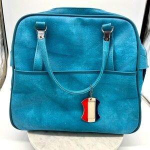 Vintage 1970s American‎ Tourister Carry On Blue Leatherer Zip Up Luggage Bag